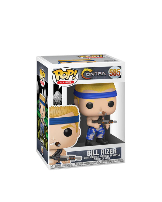 Figura Funko Pop de Bill Rizer (n.º 585) del videojuego Contra, en su caja original con ventana transparente. La figura muestra a Bill Rizer con su característico atuendo militar, incluyendo pantalones azules, camiseta verde, banda en la cabeza y rifle, todo en estilo vinyl coleccionable visible a través del packaging.