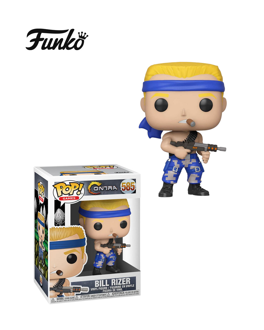 Figura Funko Pop de Bill Rizer (n.º 585) del videojuego Contra, en su caja original con ventana transparente. La figura muestra a Bill Rizer con su característico atuendo militar, incluyendo pantalones azules, camiseta verde, banda en la cabeza y rifle, todo en estilo vinyl coleccionable visible a través del packaging.