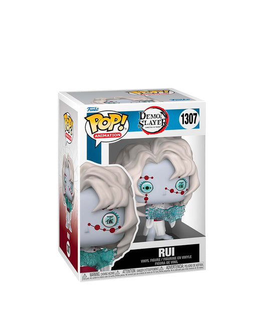 Figura Funko Pop de Rui (n.º 1307) de Demon Slayer: Kimetsu no Yaiba, en su caja original con ventana transparente. La figura muestra a Rui con su característico atuendo de demonio, incluyendo su cabello blanco y ojos rojos, todo en estilo vinyl coleccionable visible a través del packaging.