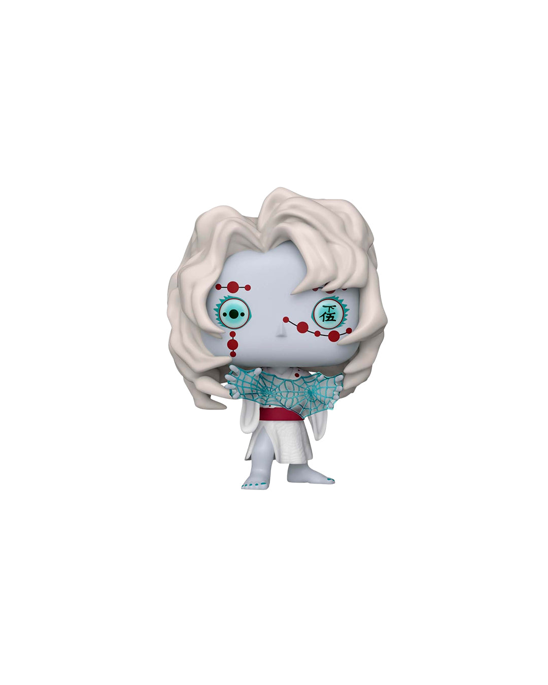 Figura Funko Pop de Rui (n.º 1307) de Demon Slayer: Kimetsu no Yaiba, en su caja original con ventana transparente. La figura muestra a Rui con su característico atuendo de demonio, incluyendo su cabello blanco y ojos rojos, todo en estilo vinyl coleccionable visible a través del packaging.