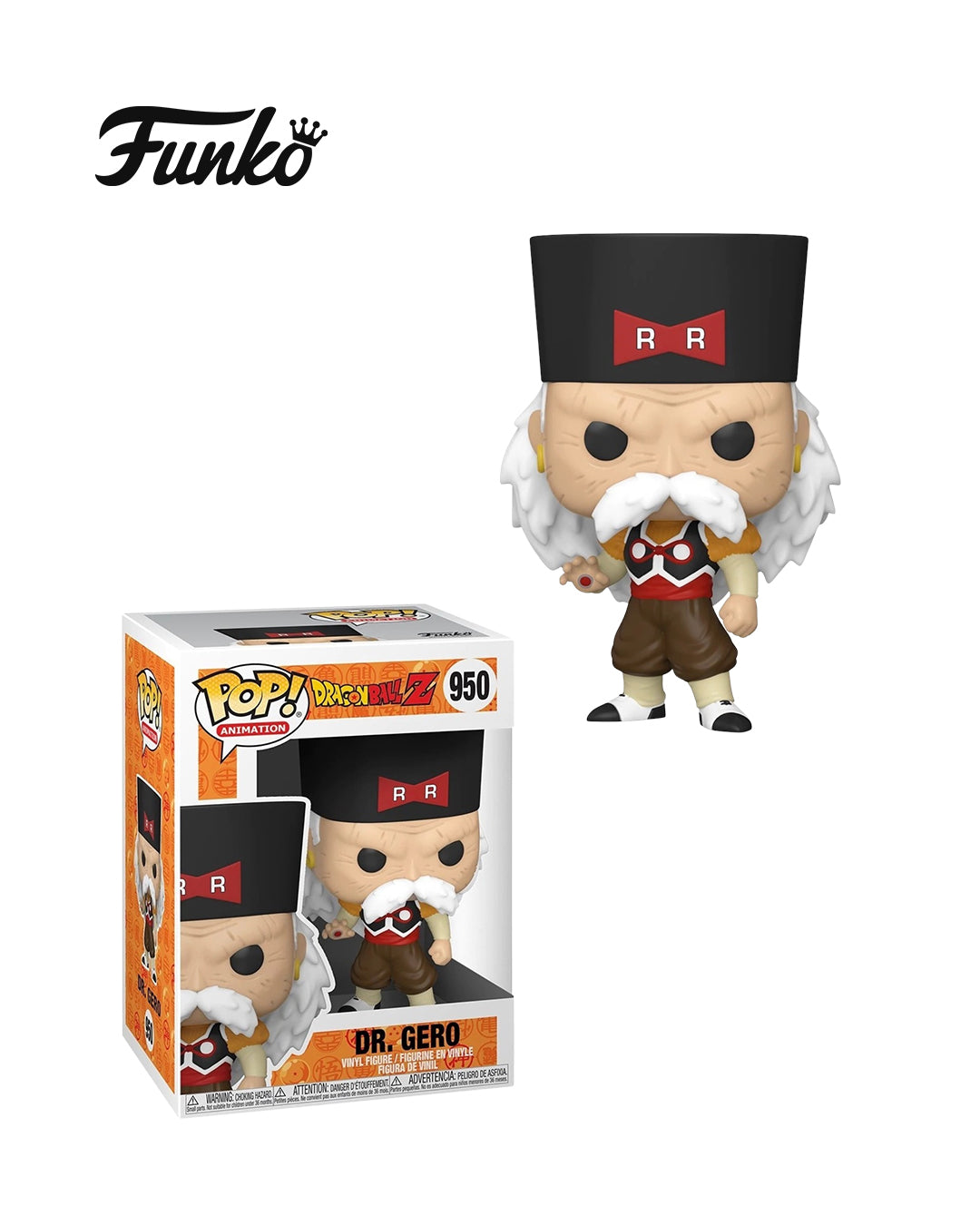 Figura Funko Pop de Dr. Gero (n.º 950) de Dragon Ball Z, en su caja original con ventana transparente. La figura muestra a Dr. Gero con su característico atuendo de laboratorio, gafas y bigote, todo en estilo vinyl coleccionable visible a través del packaging.