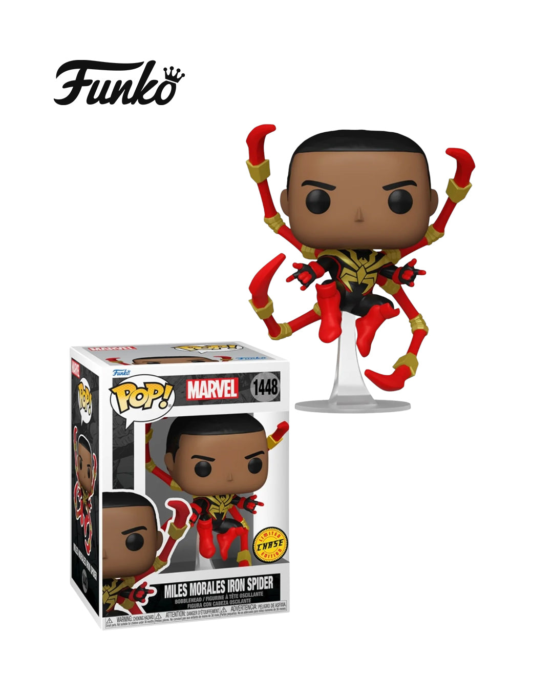 Figura Funko Pop de Miles Morales como Iron Spider (n.º 1448) – edición Chase, en su caja original con ventana transparente. La figura muestra a Miles con su traje de Iron Spider en colores negro y dorado, destacando por su diseño exclusivo y detalles únicos que la hacen una pieza de colección limitada.
