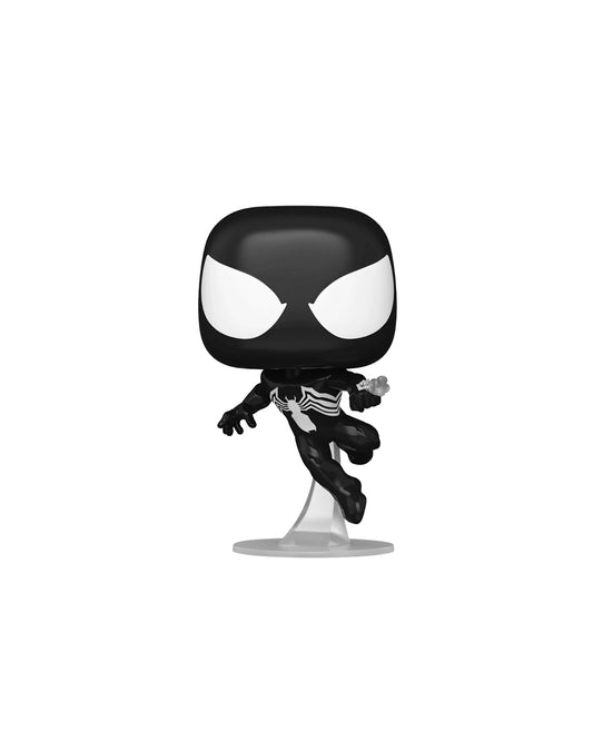 Figura Funko Pop de Spider-Man con traje simbiótico (n.º 1444) de Marvel, en su caja original con ventana transparente. La figura muestra a Spider-Man con el característico traje negro con blanco, ojos grandes y expresión desafiante, todo en estilo vinyl coleccionable visible a través del packaging.
