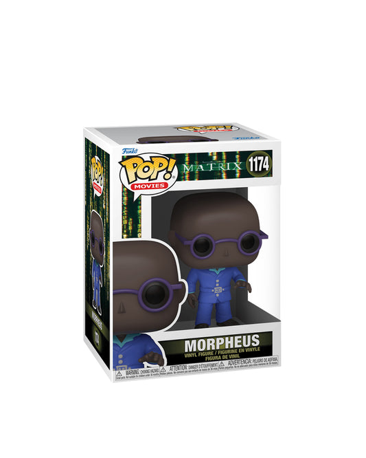 Figura Funko Pop de Morpheus (n.º 1174) de The Matrix Resurrections, en su caja original con ventana transparente. Se aprecia con su traje oscuro clásico y gafas negras, en pose seria, todo en estilo vinyl coleccionable visible a través del packaging.