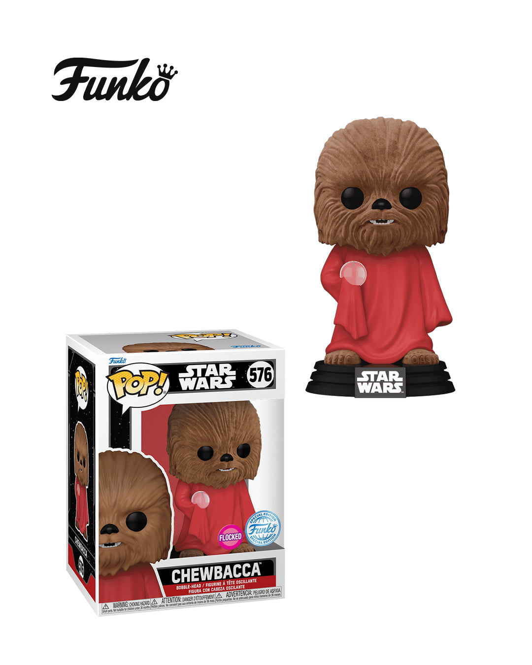 Figura Funko Pop! Star Wars Chewbacca #576 Flocked en caja, versión con textura suave del famoso wookiee, edición coleccionable disponible en Figuras Chile.