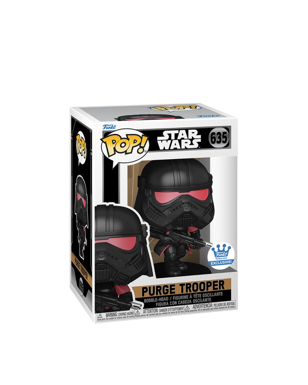 Figura Funko Pop de Purge Trooper (n.º 635) de Star Wars, en su caja original con ventana transparente. La figura muestra al soldado Purge con su característico casco negro y detalles en rojo, portando su bláster, todo en estilo vinyl coleccionable visible a través del packaging.