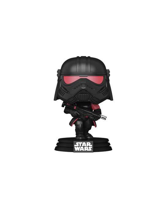 Figura Funko Pop de Purge Trooper (n.º 635) de Star Wars, en su caja original con ventana transparente. La figura muestra al soldado Purge con su característico casco negro y detalles en rojo, portando su bláster, todo en estilo vinyl coleccionable visible a través del packaging.