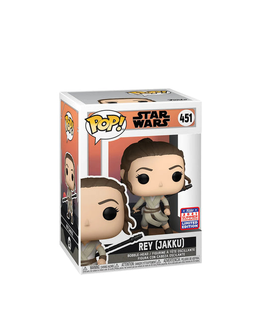 Figura Funko Pop #451 de Rey Jakku de Star Wars con atuendo y sable láser en caja coleccionable disponible en figuraschile.cl