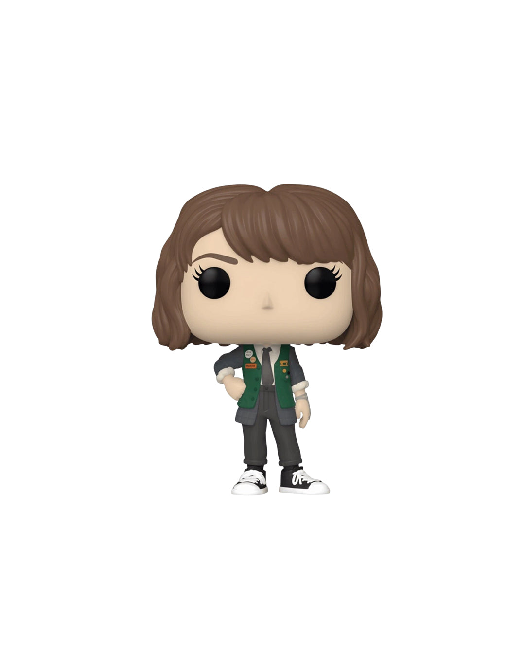 Figura Funko Pop de Robin Buckley (n.º 1244) de Stranger Things temporada 4, en su caja original con ventana transparente. La figura muestra a Robin con su uniforme de Scoops Ahoy, camisa azul, chaleco rojo y pantalones cortos, todo en estilo vinyl coleccionable visible a través del packaging.