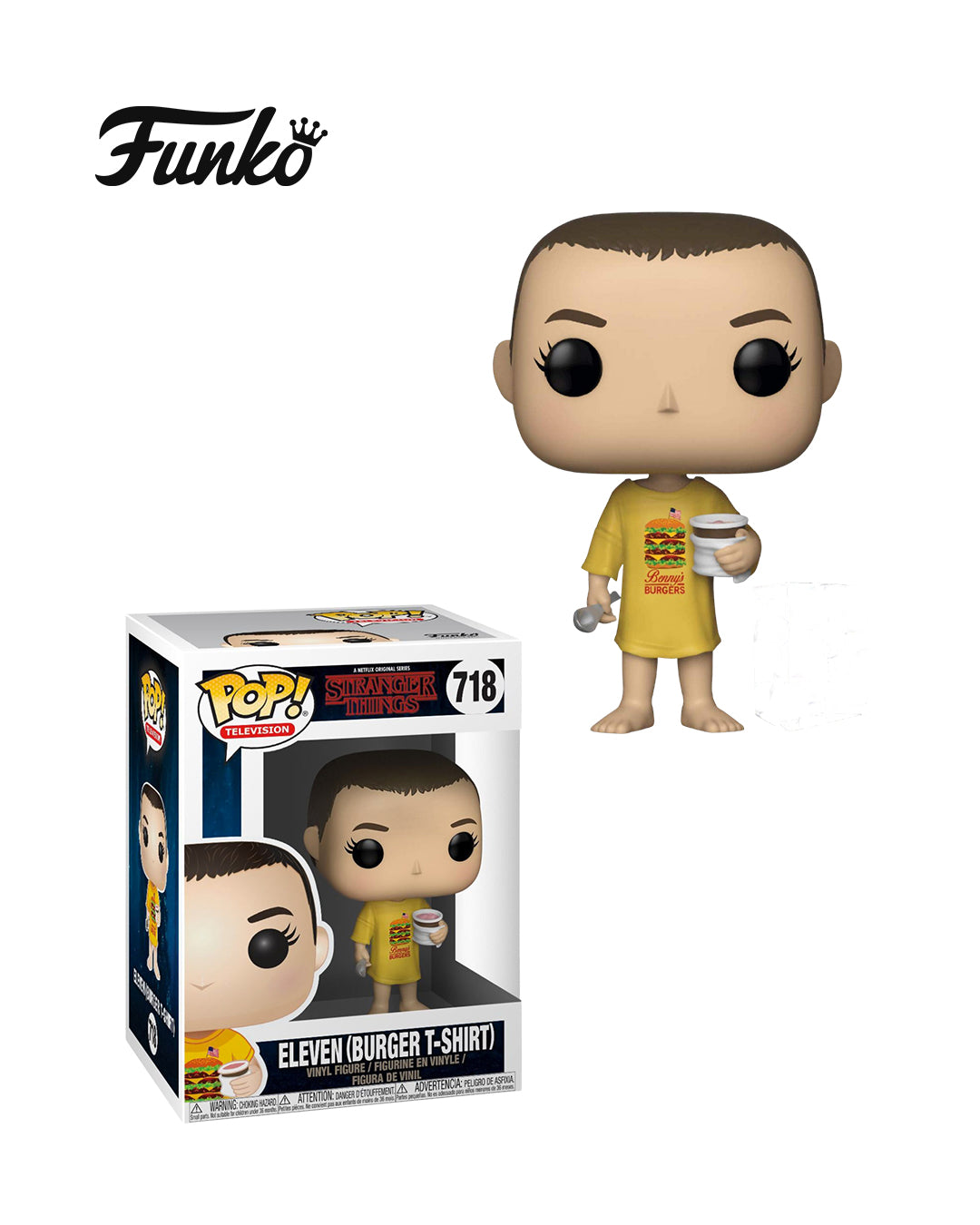 Funko Pop Television Stranger Things 718 Eleven con camiseta de hamburguesa en caja original, figura coleccionable ideal para fans de la serie. Disponible en figuraschile.cl