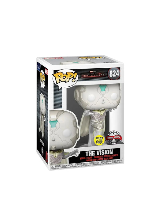 Funko Pop WandaVision The Vision 824 Special Edition Glow in the Dark en caja original, figura coleccionable exclusiva que brilla en la oscuridad para fans del MCU. Disponible en figuraschile.cl