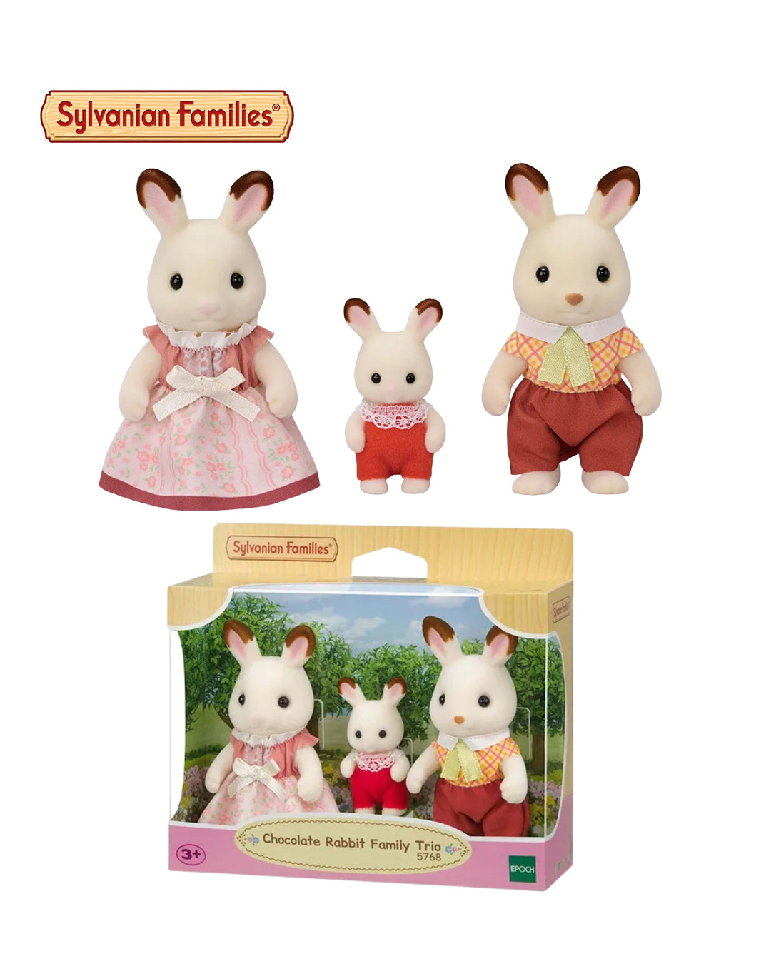 Familia Conejo Chocolate Sylvanian Families set 5768, trío de figuras coleccionables Epoch 2025 Calico Critters, disponible en figuraschile.cl