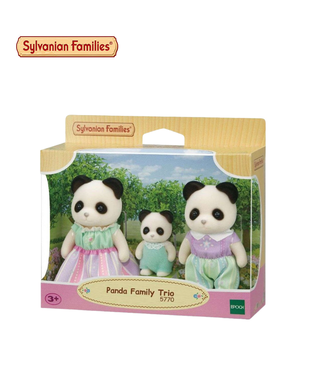 Familia de pandas Sylvanian Families set 5770, trío de figuras coleccionables Epoch 2025 Calico Critters, disponible en figuraschile.cl