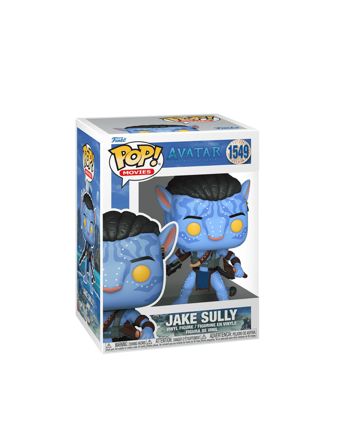 Figura Funko Pop de Jake Sully (n.º 1549) de Avatar: El Camino del Agua, en su caja original con ventana transparente. La figura muestra a Jake Sully con su atuendo Na'vi, incluyendo su arco y flechas, todo en estilo vinyl coleccionable visible a través del packaging. 