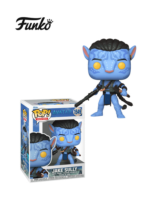 Figura Funko Pop de Jake Sully (n.º 1549) de Avatar: El Camino del Agua, en su caja original con ventana transparente. La figura muestra a Jake Sully con su atuendo Na'vi, incluyendo su arco y flechas, todo en estilo vinyl coleccionable visible a través del packaging. 