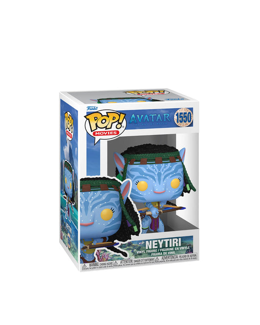 Figura Funko Pop de Neytiri (n.º 1550) de Avatar: El Camino del Agua, en su caja original con ventana transparente. La figura muestra a Neytiri en pose de batalla, con su característico atuendo Na'vi, arco y flechas, todo en estilo vinyl coleccionable visible a través del packaging.