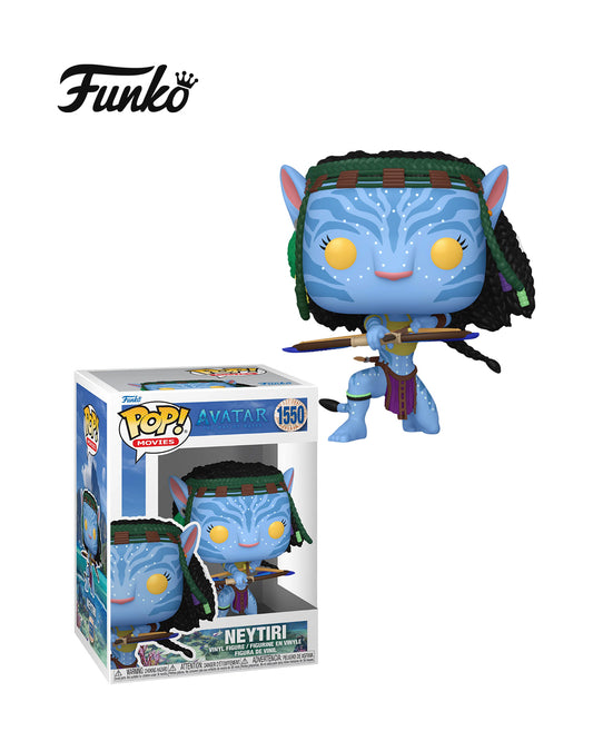 Figura Funko Pop de Neytiri (n.º 1550) de Avatar: El Camino del Agua, en su caja original con ventana transparente. La figura muestra a Neytiri en pose de batalla, con su característico atuendo Na'vi, arco y flechas, todo en estilo vinyl coleccionable visible a través del packaging.