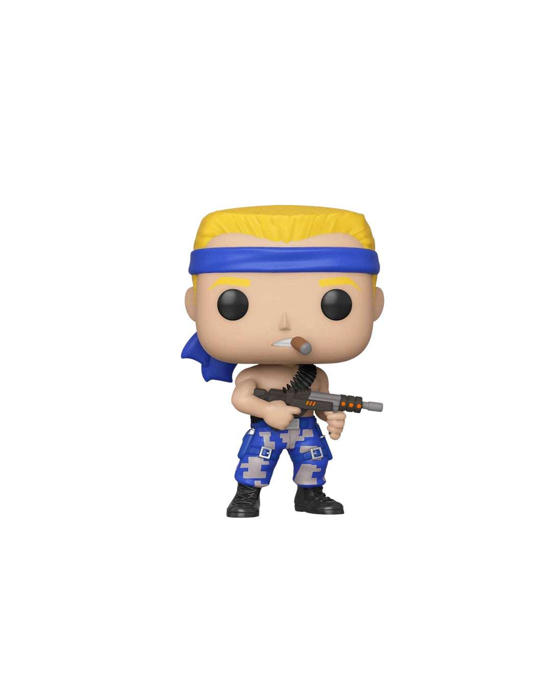 Figura Funko Pop de Bill Rizer (n.º 585) del videojuego Contra, en su caja original con ventana transparente. La figura muestra a Bill Rizer con su característico atuendo militar, incluyendo pantalones azules, camiseta verde, banda en la cabeza y rifle, todo en estilo vinyl coleccionable visible a través del packaging.