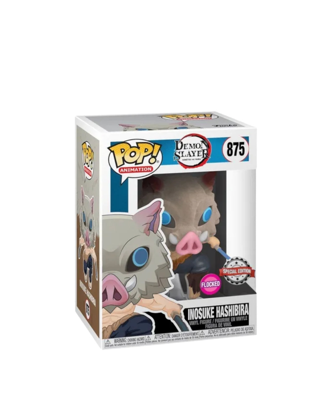 Funko Pop Demon Slayer Inosuke Hashibira 875 Flocked en caja original, figura coleccionable con textura especial para fans del anime Demon Slayer. Disponible en figuraschile.cl