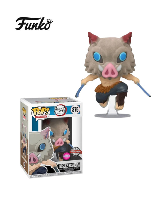 Funko Pop Demon Slayer Inosuke Hashibira 875 Flocked en caja original, figura coleccionable con textura especial para fans del anime Demon Slayer. Disponible en figuraschile.cl