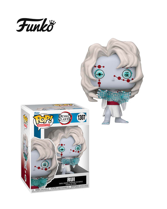 Figura Funko Pop de Rui (n.º 1307) de Demon Slayer: Kimetsu no Yaiba, en su caja original con ventana transparente. La figura muestra a Rui con su característico atuendo de demonio, incluyendo su cabello blanco y ojos rojos, todo en estilo vinyl coleccionable visible a través del packaging.