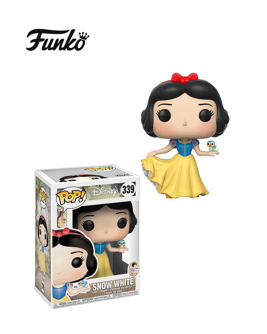 Funko Pop Disney #339 de Blancanieves en su caja, con vestido clásico y un pajarito en la mano.