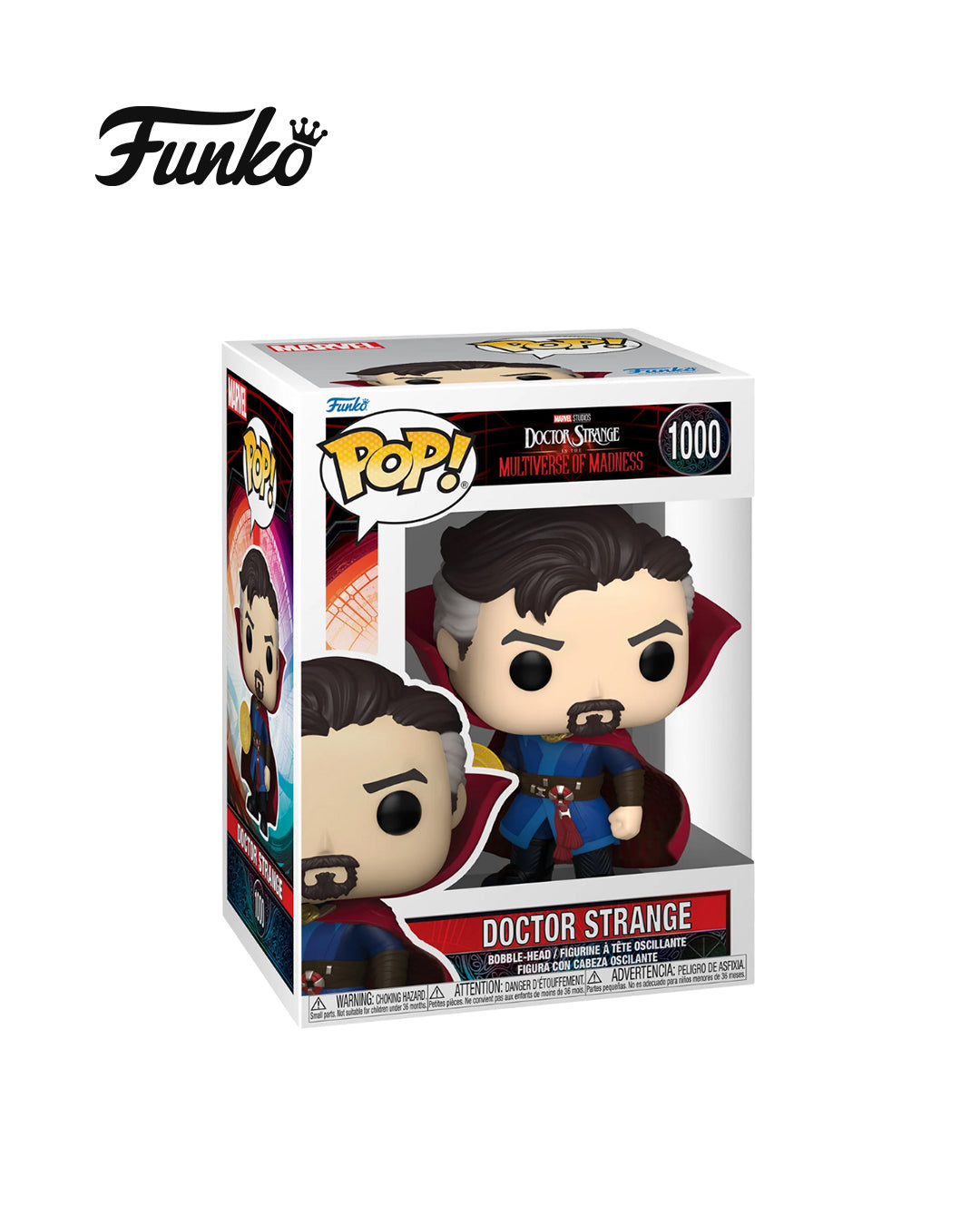Figura Funko Pop! de Doctor Strange (#1000) de la película Doctor Strange in the Multiverse of Madness, presentada en su caja original con ventana. Muestra al personaje con su capa levitante y gesto de conjuro, con detalles del traje clásico del UCM.