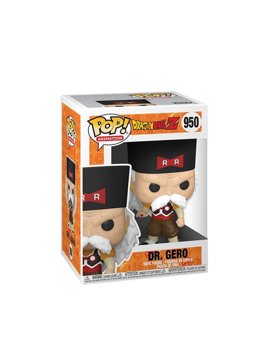 Figura Funko Pop de Dr. Gero (n.º 950) de Dragon Ball Z, en su caja original con ventana transparente. La figura muestra a Dr. Gero con su característico atuendo de laboratorio, gafas y bigote, todo en estilo vinyl coleccionable visible a través del packaging.