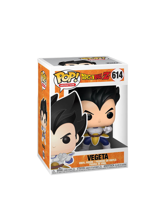Figura Funko Pop de Vegeta (n.º 614) de Dragon Ball Z, en su caja original con ventana transparente. La figura muestra a Vegeta con su característico traje de combate Saiyajin, cabello negro erizado y expresión decidida, todo en estilo vinyl coleccionable visible a través del packaging.