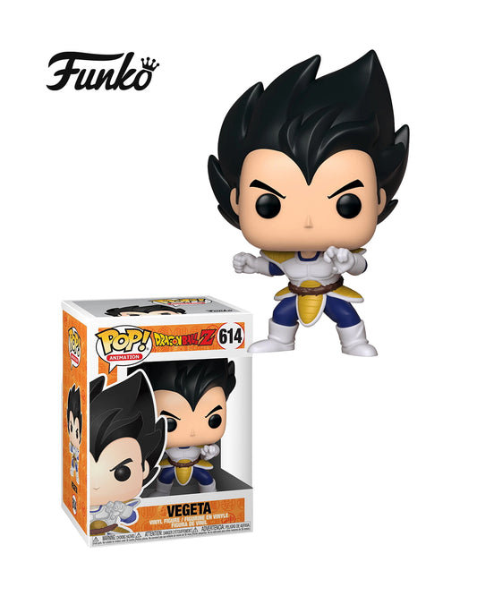 Figura Funko Pop de Vegeta (n.º 614) de Dragon Ball Z, en su caja original con ventana transparente. La figura muestra a Vegeta con su característico traje de combate Saiyajin, cabello negro erizado y expresión decidida, todo en estilo vinyl coleccionable visible a través del packaging.