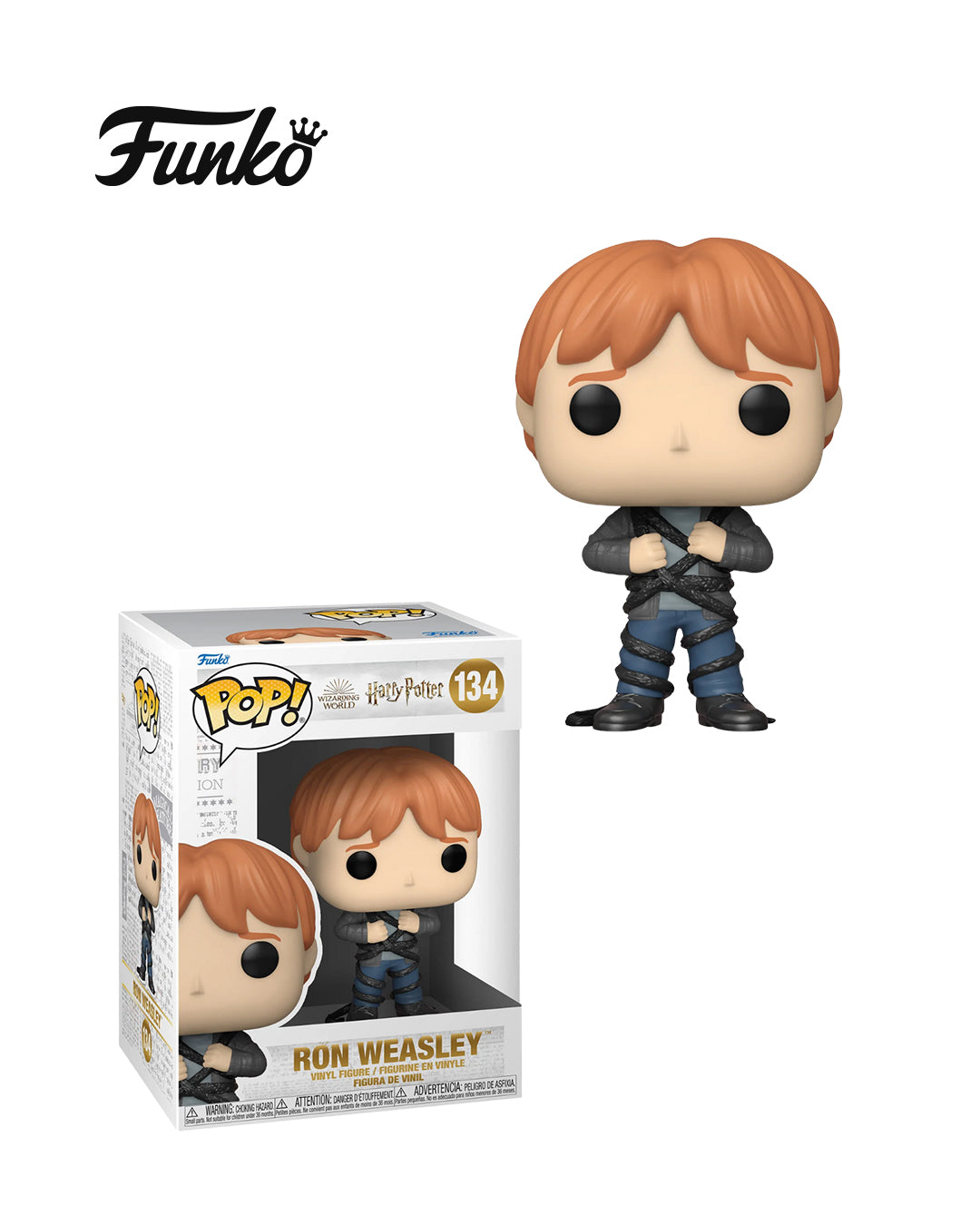 Figura Funko Pop de Ron Weasley (n.º 134) de Harry Potter, en su caja original con ventana transparente. La figura muestra a Ron con su característico atuendo de Hogwarts, incluyendo su túnica, bufanda de Gryffindor y varita, todo en estilo vinyl coleccionable visible a través del packaging.