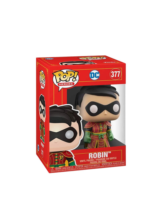 Funko Pop Heroes DC Robin 377 en caja original, figura coleccionable del icónico héroe Robin para fans del universo DC. Disponible en figuraschile.cl