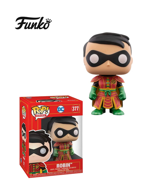 Funko Pop Heroes DC Robin 377 en caja original, figura coleccionable del icónico héroe Robin para fans del universo DC. Disponible en figuraschile.cl