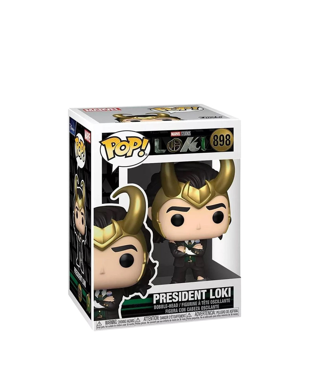 Funko Pop Marvel Loki 898 President Loki en caja original, figura coleccionable del Universo Cinematográfico de Marvel. Disponible en figuraschile.cl