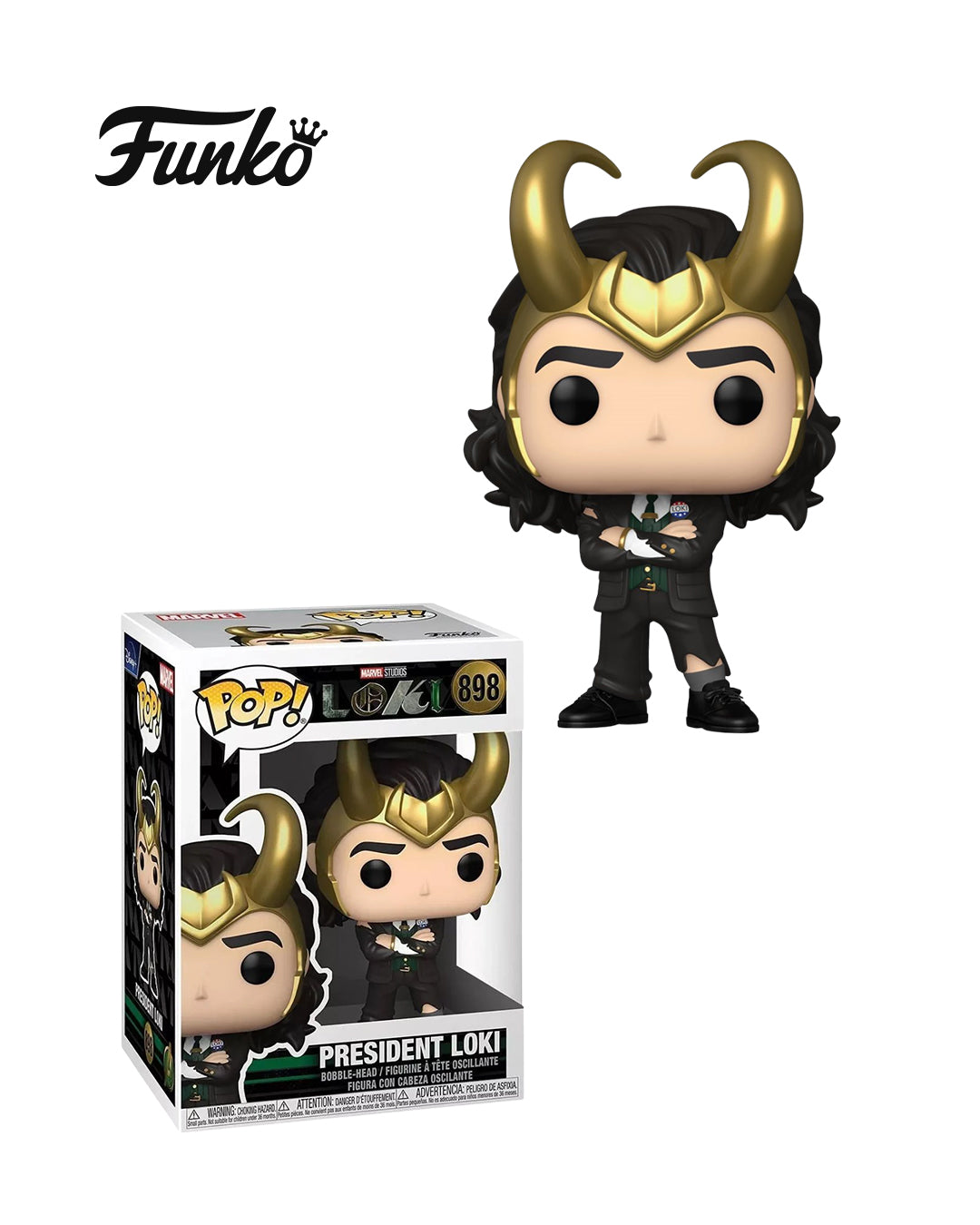 Funko Pop Marvel Loki 898 President Loki en caja original, figura coleccionable del Universo Cinematográfico de Marvel. Disponible en figuraschile.cl
