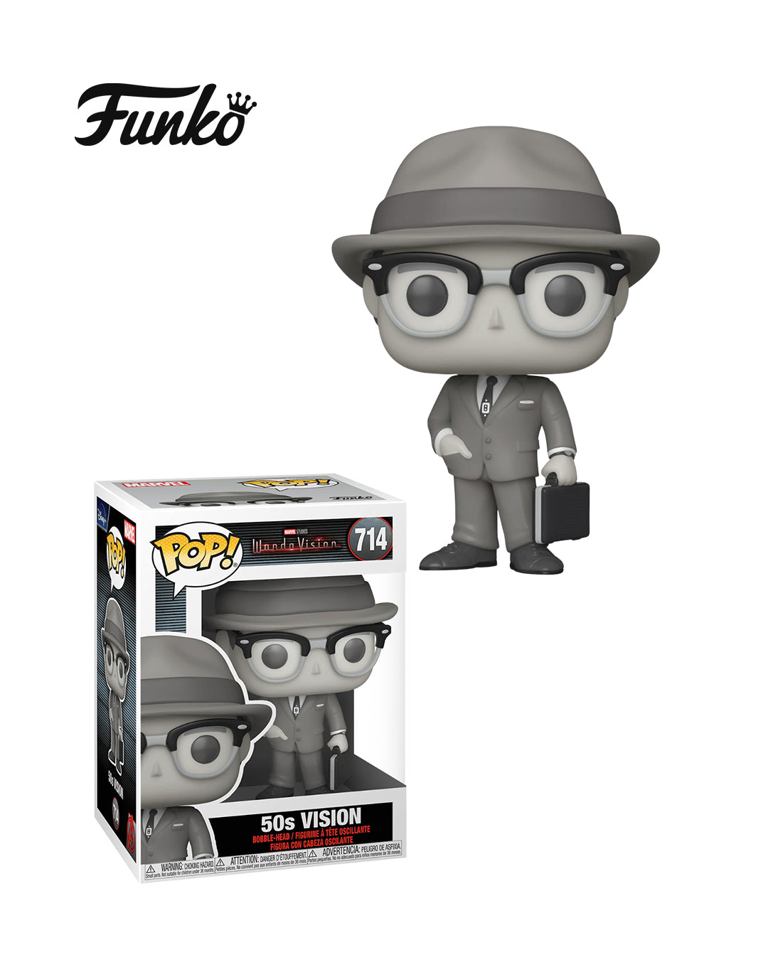 Funko Pop de Vision en blanco y negro, versión de los años 50 de la serie WandaVision de Marvel Studios, número 714, figura coleccionable disponible en www.figuraschile.cl