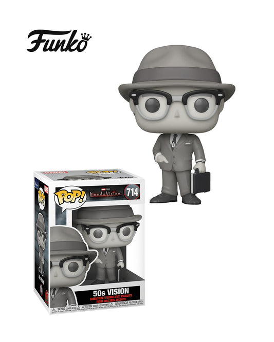Funko Pop de Vision en blanco y negro, versión de los años 50 de la serie WandaVision de Marvel Studios, número 714, figura coleccionable disponible en www.figuraschile.cl