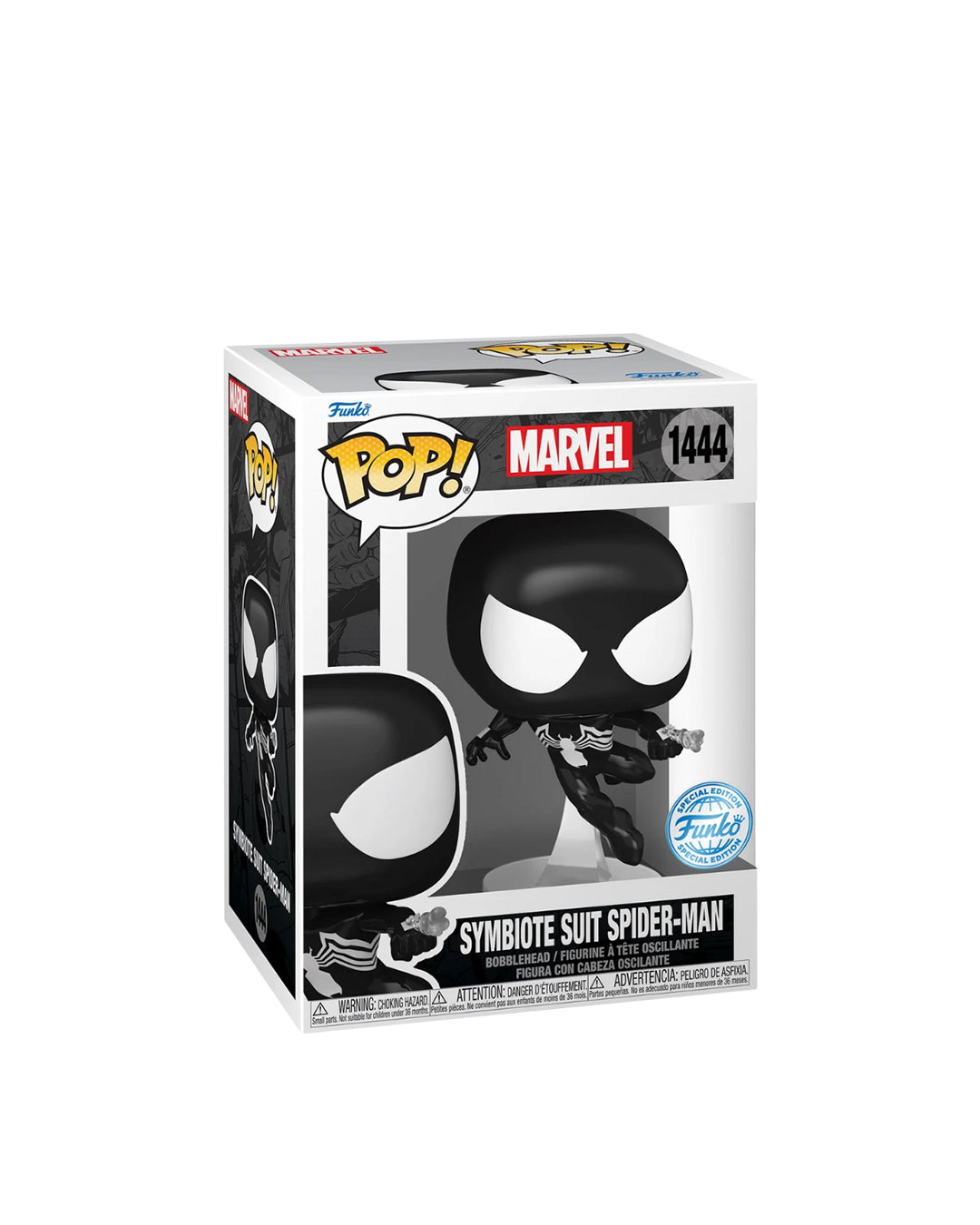 Figura Funko Pop de Spider-Man con traje simbiótico (n.º 1444) de Marvel, en su caja original con ventana transparente. La figura muestra a Spider-Man con el característico traje negro con blanco, ojos grandes y expresión desafiante, todo en estilo vinyl coleccionable visible a través del packaging.