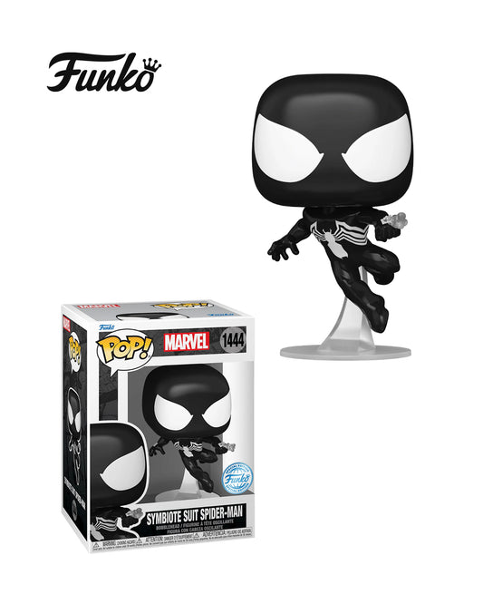 Figura Funko Pop de Spider-Man con traje simbiótico (n.º 1444) de Marvel, en su caja original con ventana transparente. La figura muestra a Spider-Man con el característico traje negro con blanco, ojos grandes y expresión desafiante, todo en estilo vinyl coleccionable visible a través del packaging.