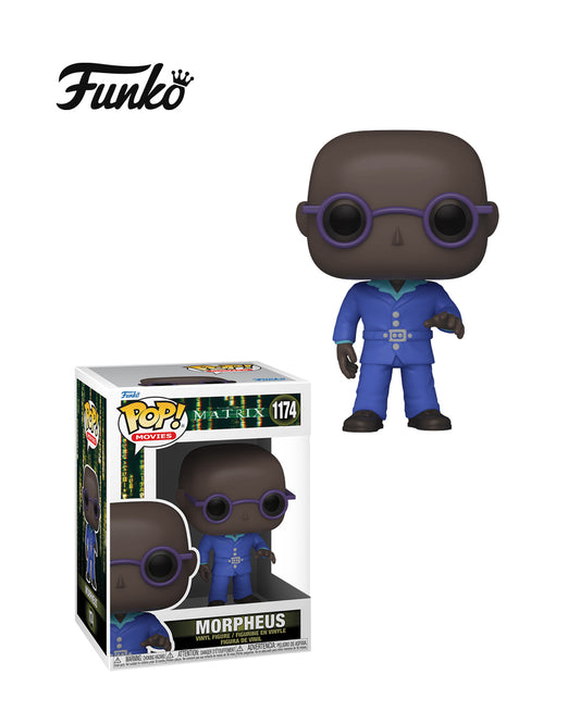 Figura Funko Pop Morpheus (n.º 1174) de The Matrix Resurrections, en su caja original con ventana transparente. La figura muestra al personaje con su traje oscuro, gafas negras y expresión seria, en pose emblemática del icónico personaje de la saga, todo presentado en estilo vinyl coleccionable, visible a través del packaging.