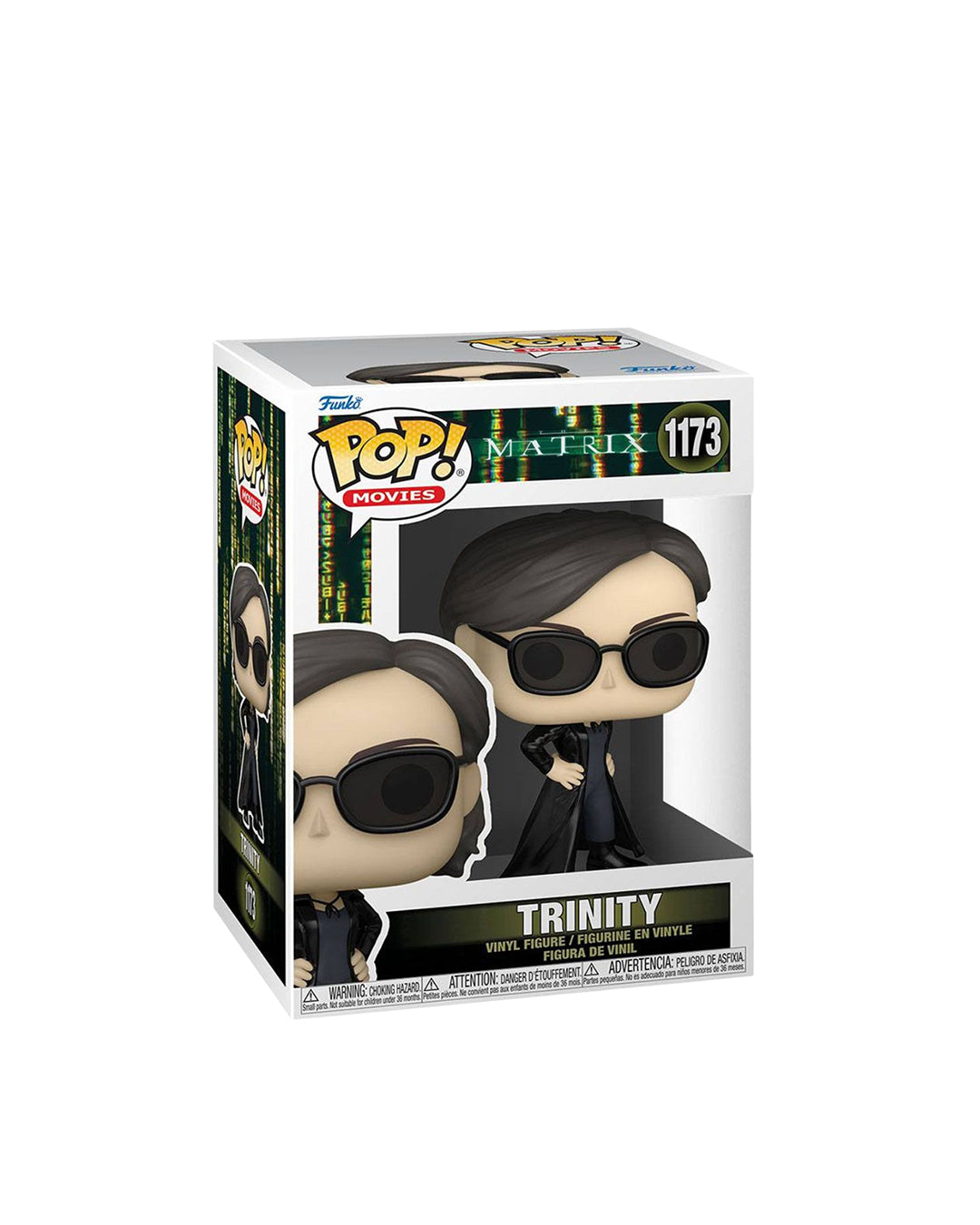 Figura Funko Pop de Trinity (n.º 1173) de The Matrix, en su caja original con ventana transparente. La figura muestra a Trinity con su clásico traje negro, gafas oscuras y pose decidida, todo en estilo vinyl coleccionable visible a través del packaging.