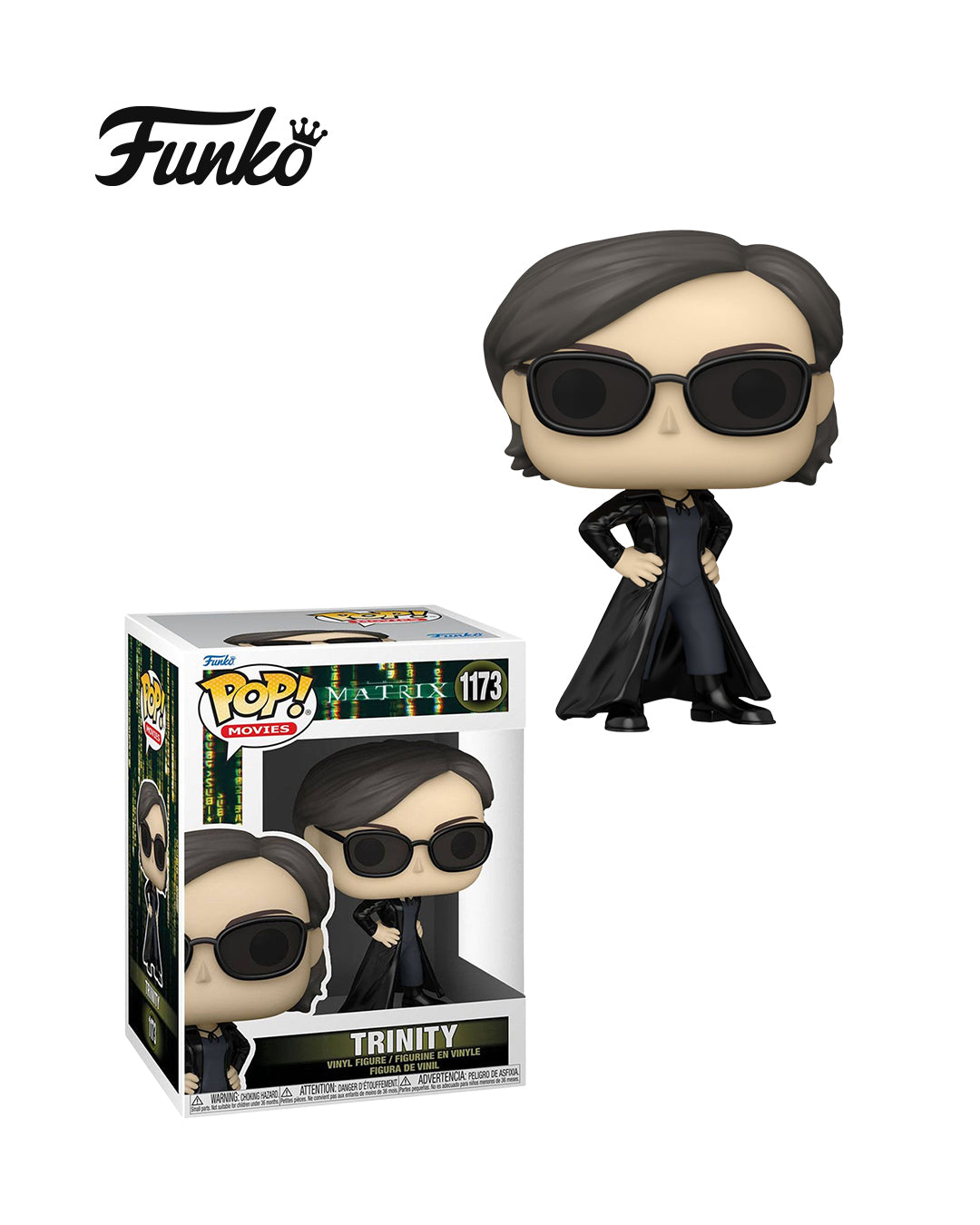 Figura Funko Pop de Trinity (n.º 1173) de The Matrix, en su caja original con ventana transparente. La figura muestra a Trinity con su clásico traje negro, gafas oscuras y pose decidida, todo en estilo vinyl coleccionable visible a través del packaging.