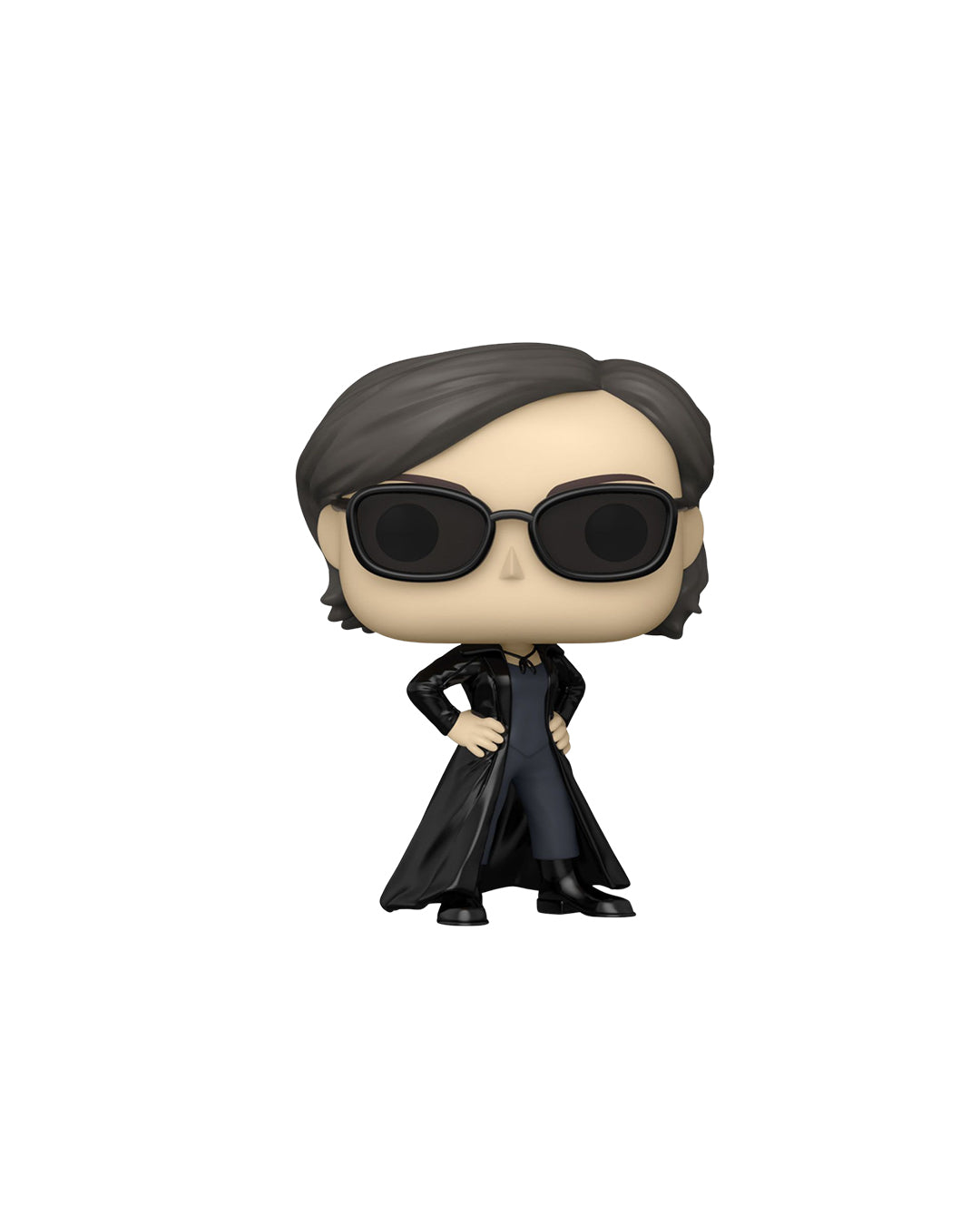 Figura Funko Pop de Trinity (n.º 1173) de The Matrix Resurrections, sin su caja, mostrando al personaje con su clásico traje negro largo y gafas oscuras, en pose firme y decidida, esculpida en estilo vinyl coleccionable.