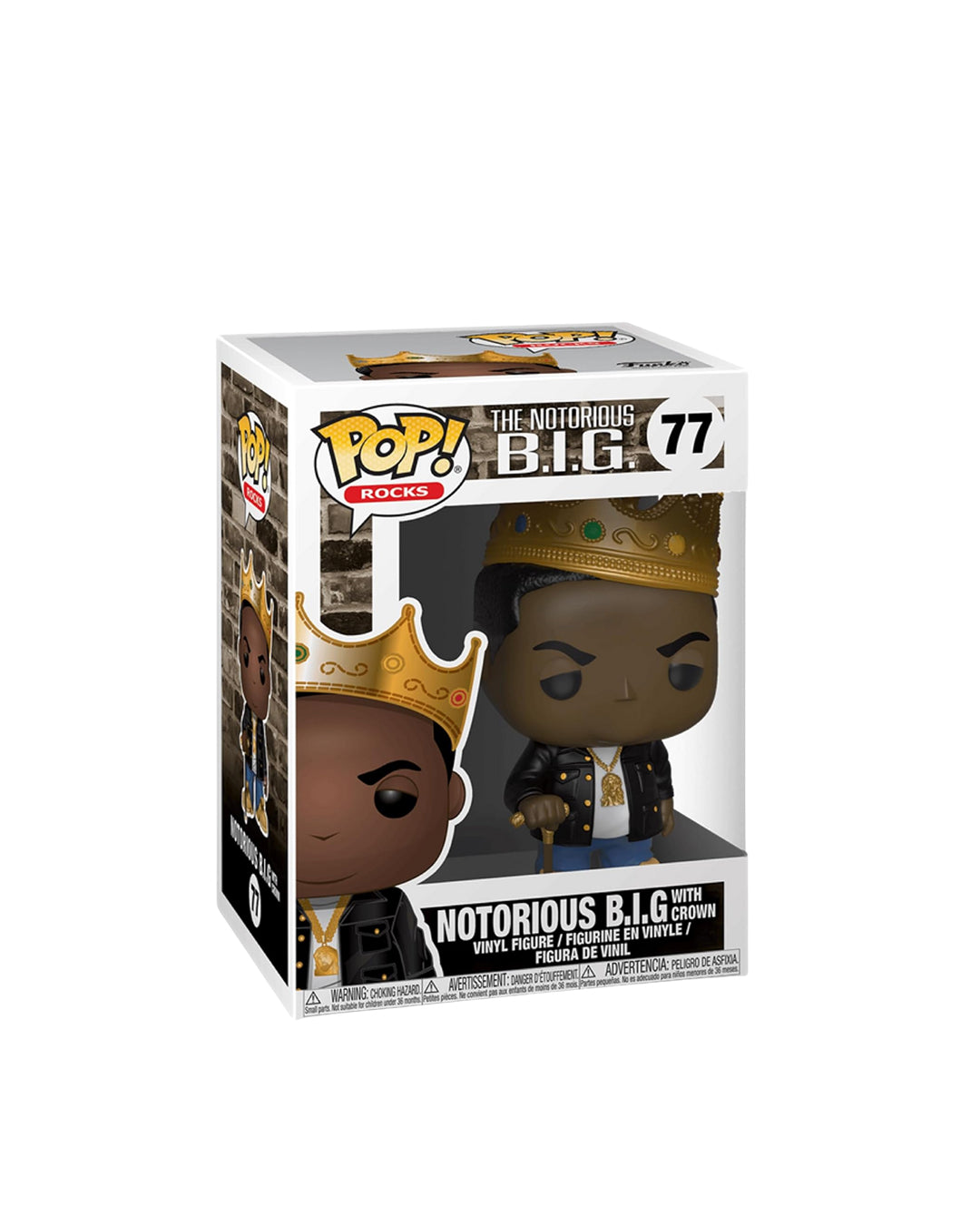 Funko Pop Rocks The Notorious B.I.G. 77 en caja original, figura coleccionable para fanáticos del icónico rapero y la cultura hip-hop. Disponible en figuraschile.cl