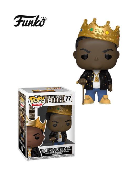 Funko Pop Rocks The Notorious B.I.G. 77 en caja original, figura coleccionable para fanáticos del icónico rapero y la cultura hip-hop. Disponible en figuraschile.cl