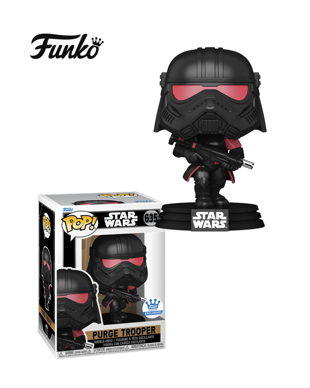 Figura Funko Pop de Purge Trooper (n.º 635) de Star Wars, en su caja original con ventana transparente. La figura muestra al soldado Purge con su característico casco negro y detalles en rojo, portando su bláster, todo en estilo vinyl coleccionable visible a través del packaging.