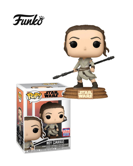 Figura Funko Pop #451 de Rey Jakku de Star Wars con atuendo y sable láser en caja coleccionable disponible en figuraschile.cl