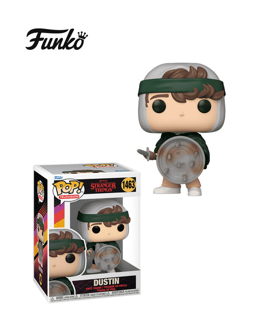 Figura Funko Pop de Dustin Henderson (n.º 1463) de Stranger Things temporada 4, en su caja original con ventana transparente. La figura muestra a Dustin con su uniforme de Scoops Ahoy, camisa azul, chaleco rojo y pantalones cortos, todo en estilo vinyl coleccionable visible a través del packaging.