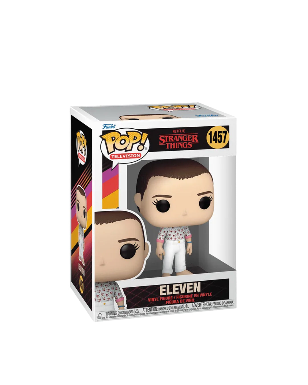 Figura Funko Pop de Eleven (n.º 1457) de Stranger Things temporada 4, en su caja original con ventana transparente. La figura muestra a Eleven con su característico uniforme blanco, cabello corto y expresión decidida, todo en estilo vinyl coleccionable visible a través del packaging.