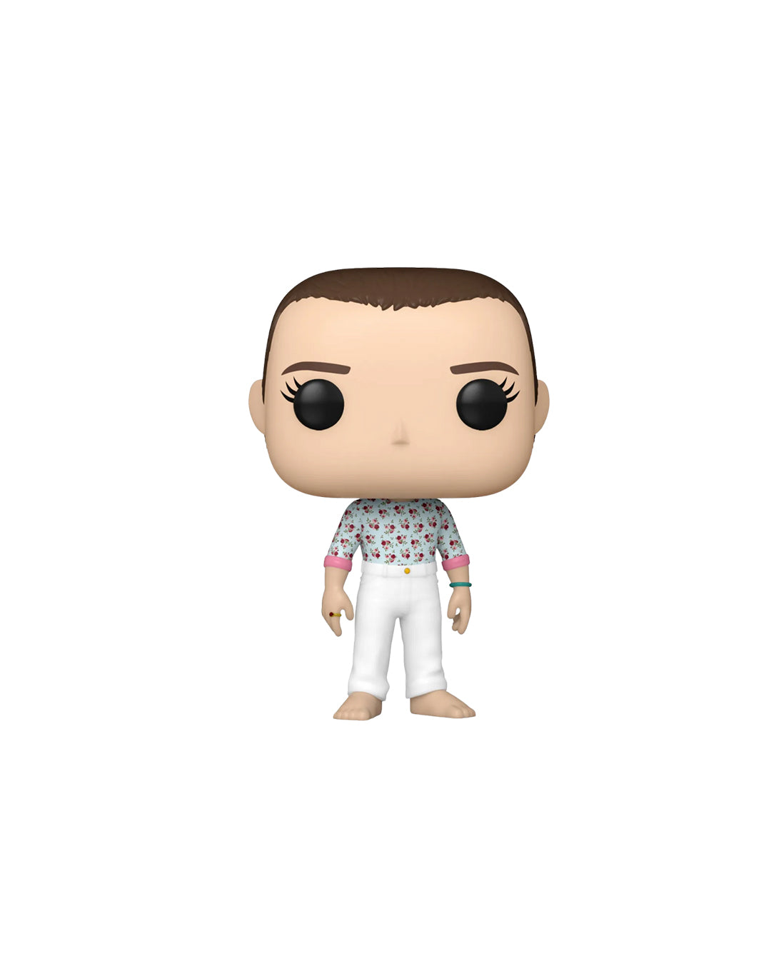 Figura Funko Pop de Eleven (n.º 1457) de Stranger Things temporada 4, en su caja original con ventana transparente. La figura muestra a Eleven con su característico uniforme blanco, cabello corto y expresión decidida, todo en estilo vinyl coleccionable visible a través del packaging.
